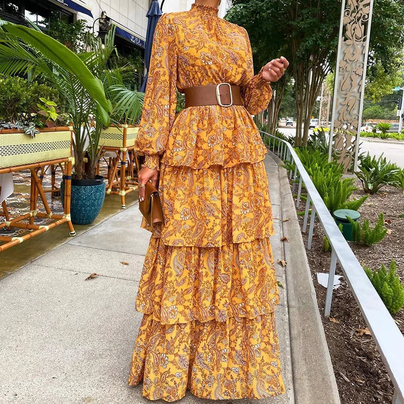Women Elegant Long Lantern Sleeve Stand Collar Loose Maxi Dress Y2K INS Clothes Autumn Long Ruffle Bohemian Dress Women Elegant Long Lantern Sleeve Stand Collar Loose Maxi Dress Y2K INS Clothes Autumn Long Ruffle Bohemian Dress